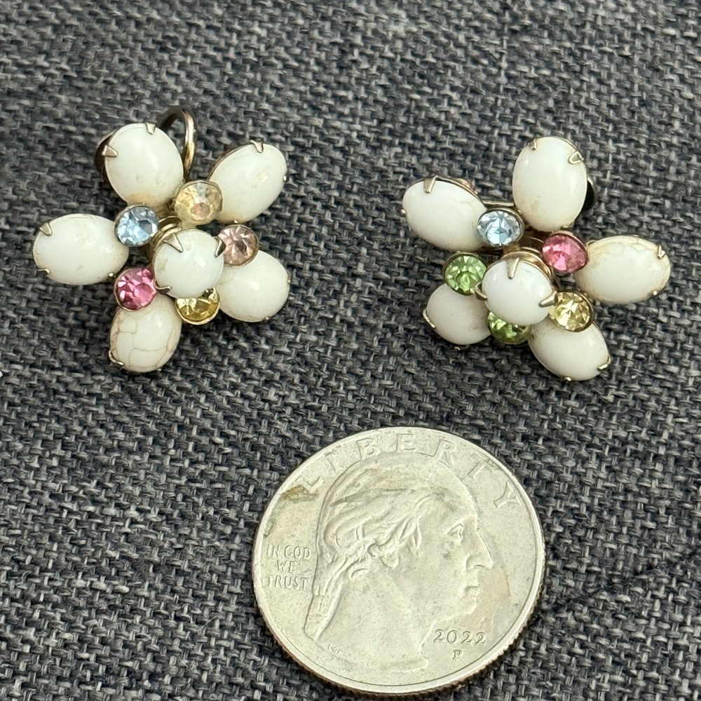 Vintage White and Multicolor Rhinestone Flower Earrings